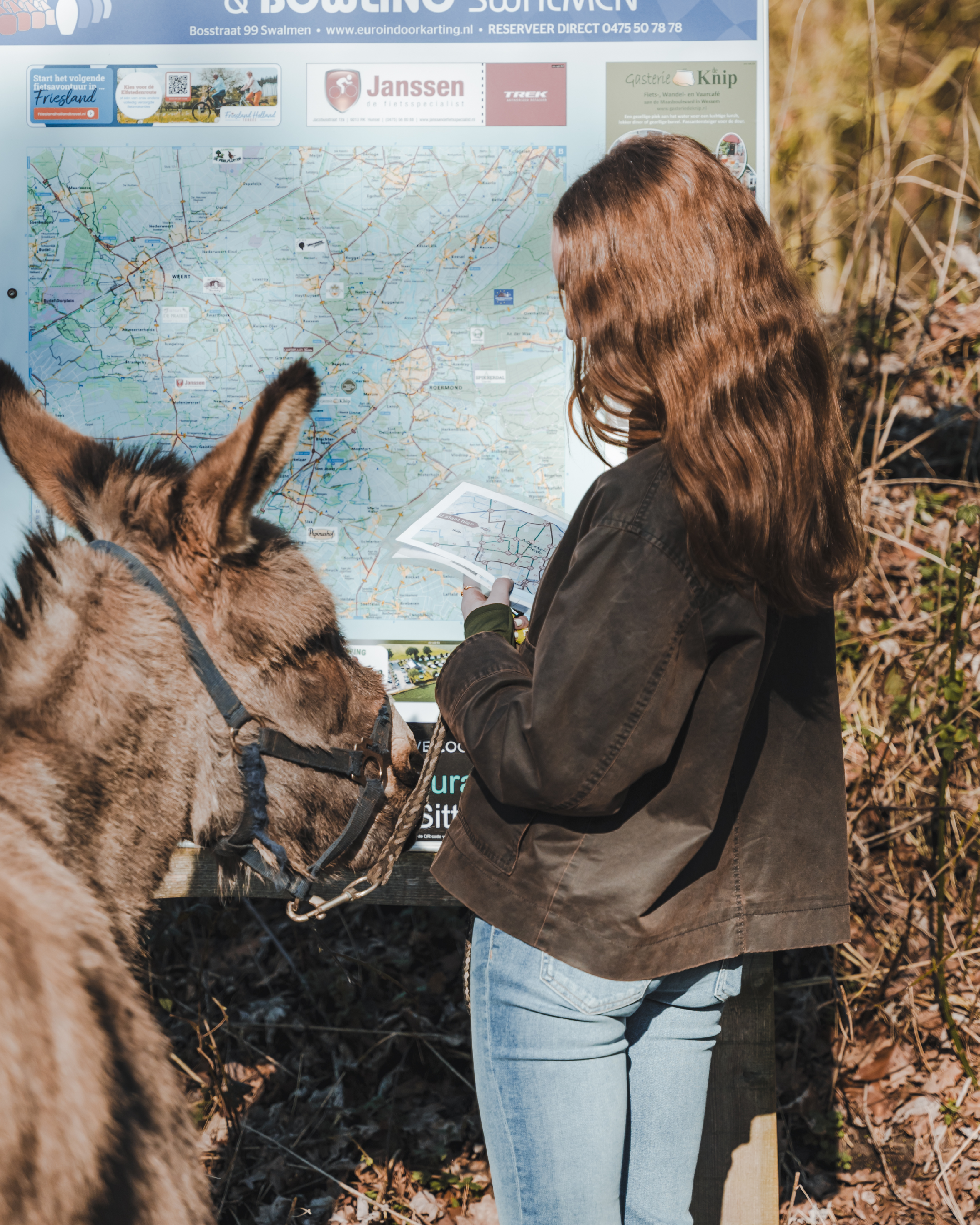 Esel und Mädchen schauen auf ein Schild mit einer Wanderroute